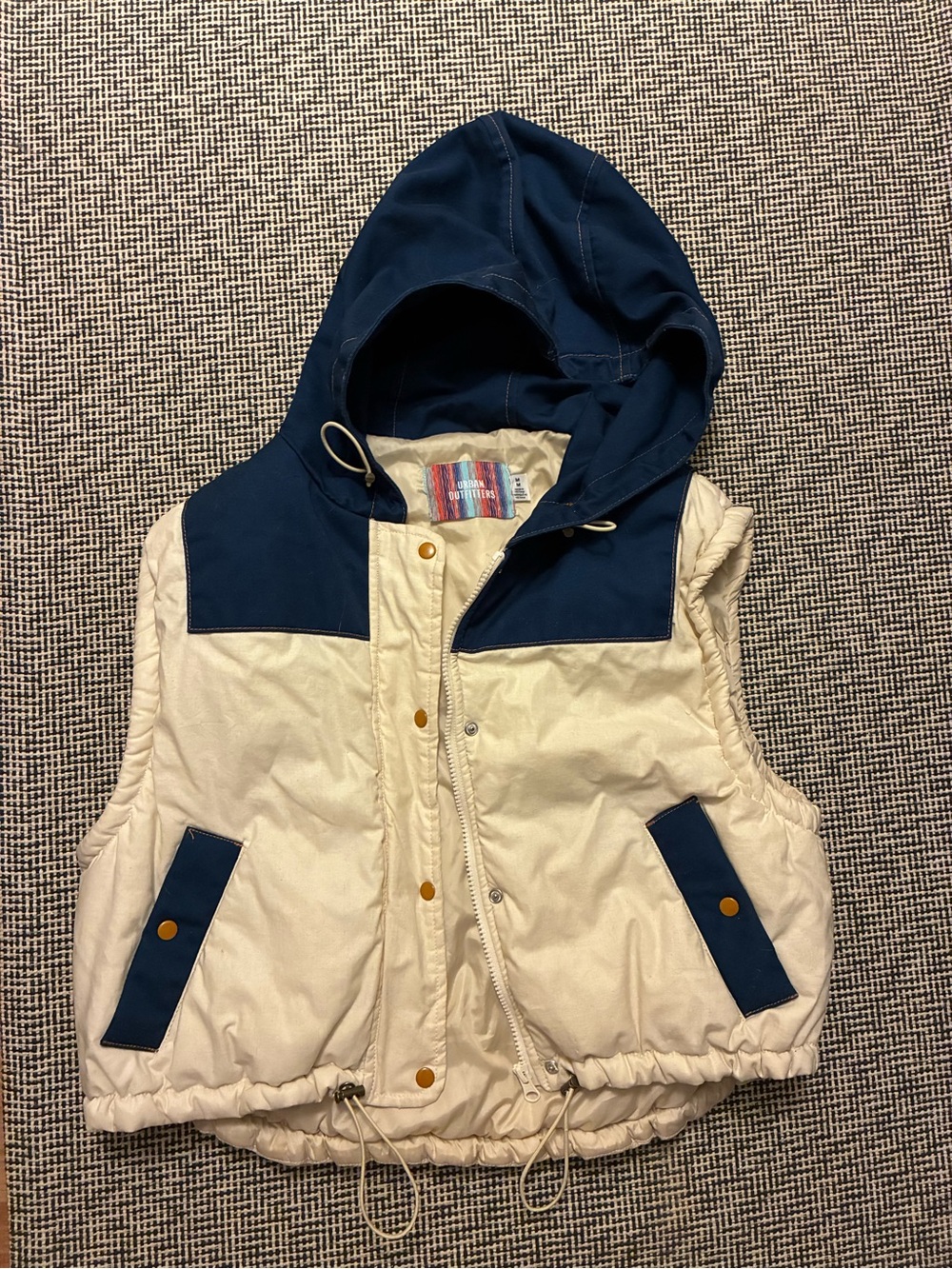 BDG Cream and Navy Hooded Puffer Vest
